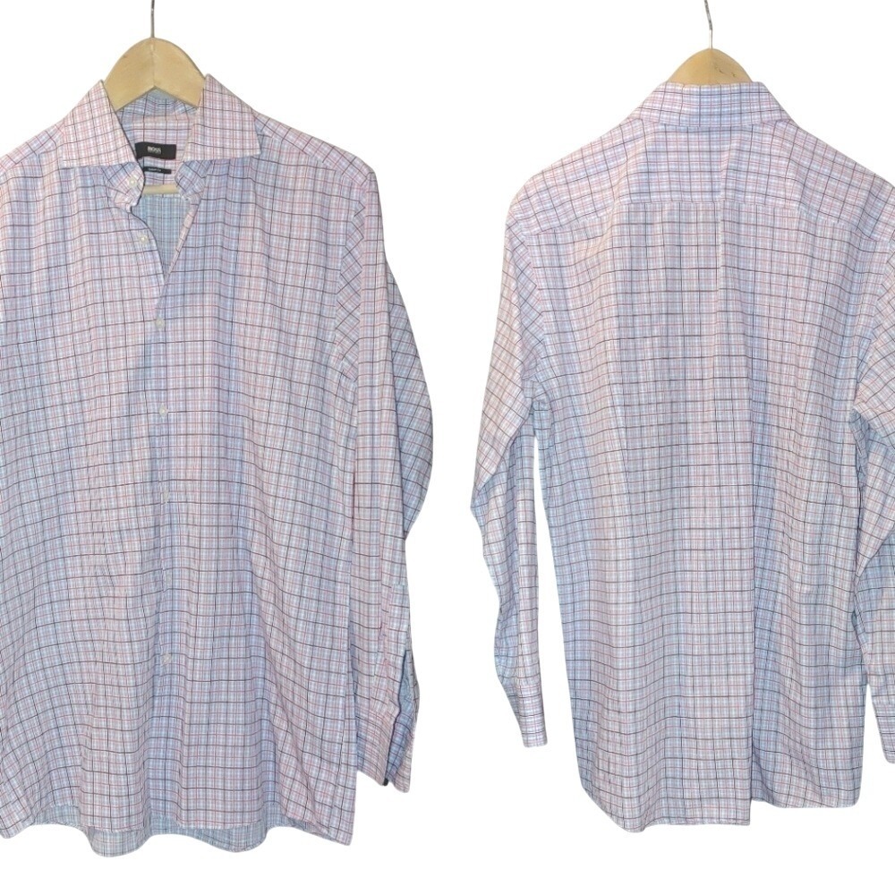 Hugo Boss Sharp Fit Long Sleeve Button Front Shirt 16.5 White Red Blue‎ Check